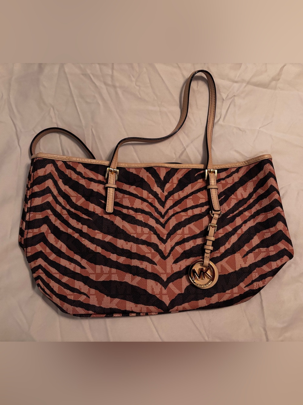 Michael Kors Tan and Black Zebra-Print Tote with Gold Logo Charm